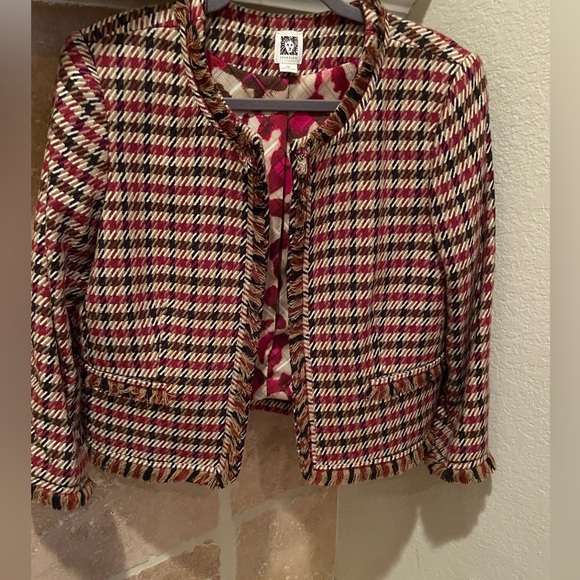 Anne Klein Jackets & Blazers - Anne Klein Fall Houndstooth Satin lined fringe trim Blazer Old Money Career 14